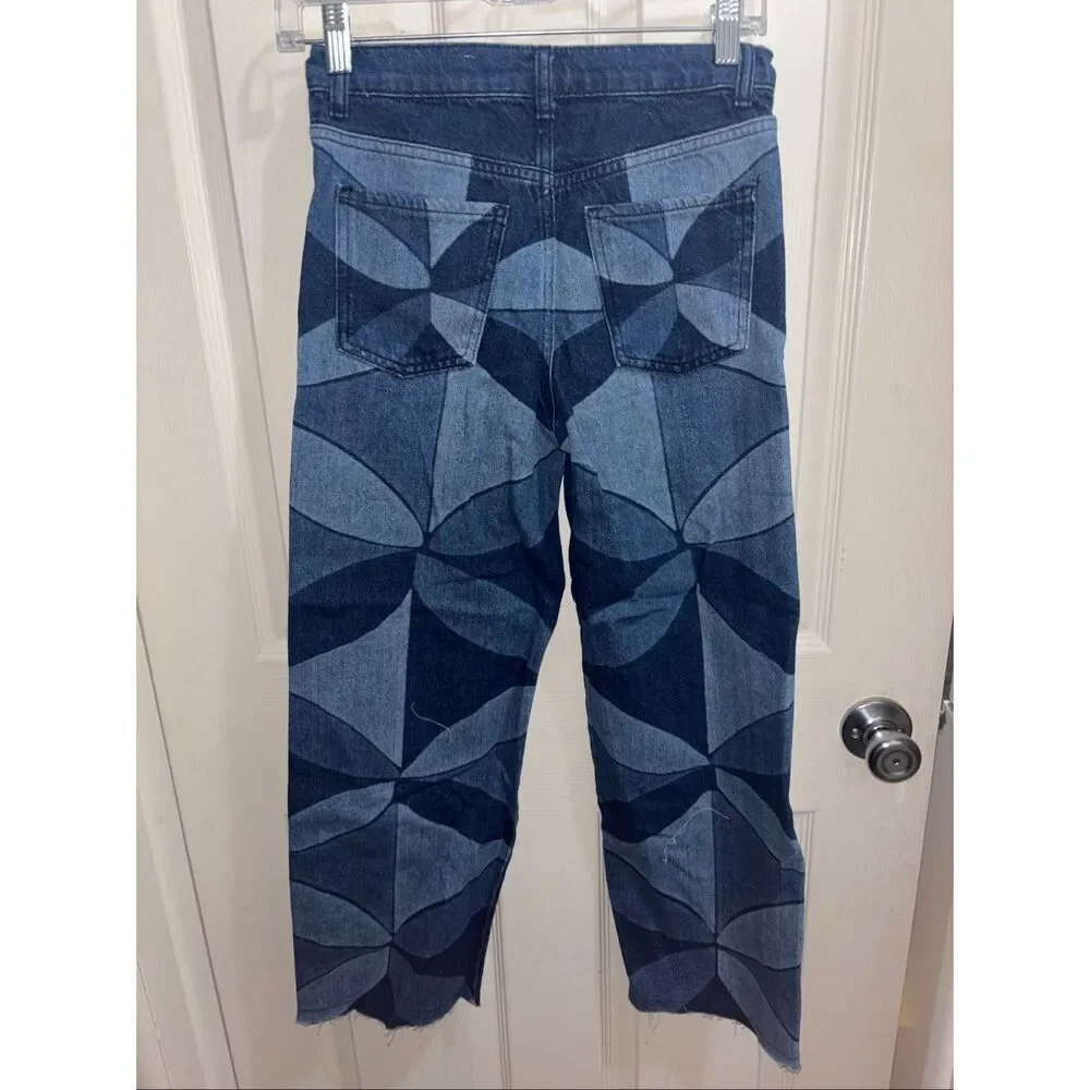 NWT Zara Kids x Sea New York Geometric Print Wide Leg Kids Patchwork Denim Jeans
